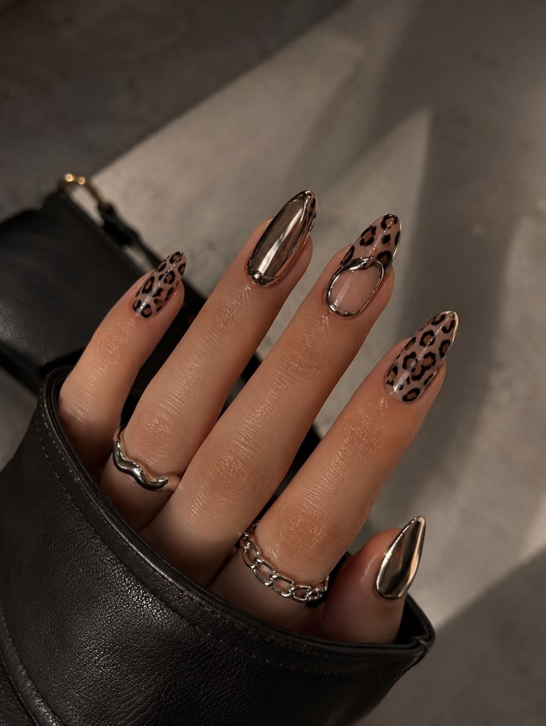 Chrome Leopard Print Almond Nails