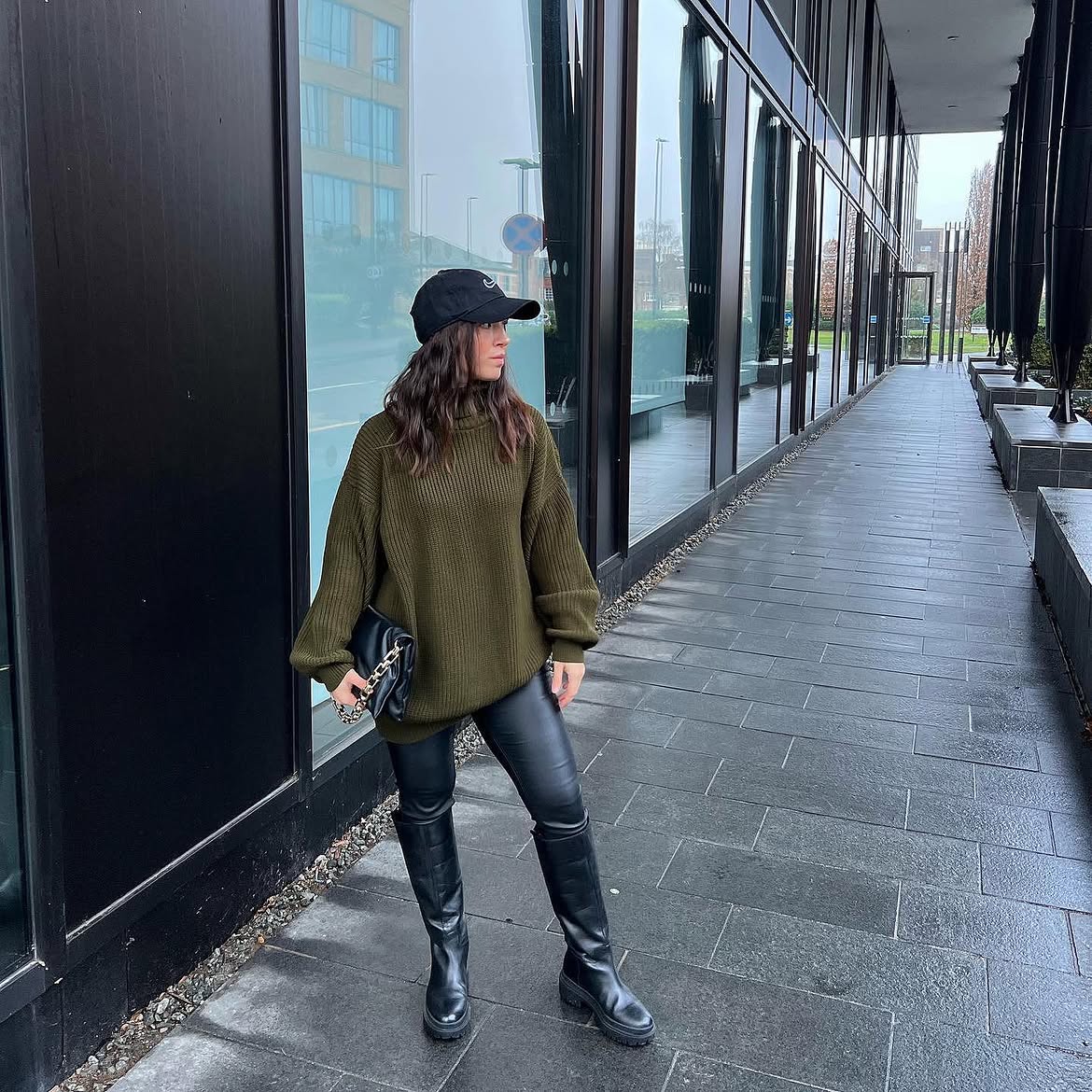 Chunky Olive Sweater With Faux Leather Pants Look