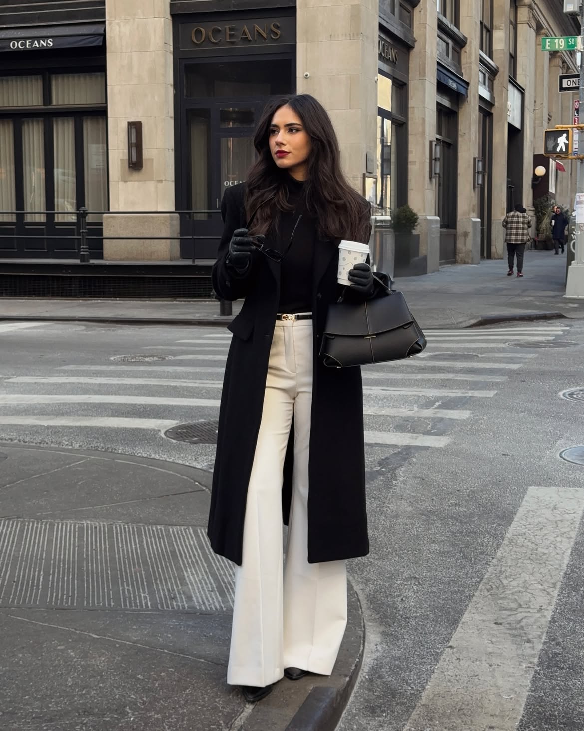 Classic Black Coat And White Wide Leg Trousers