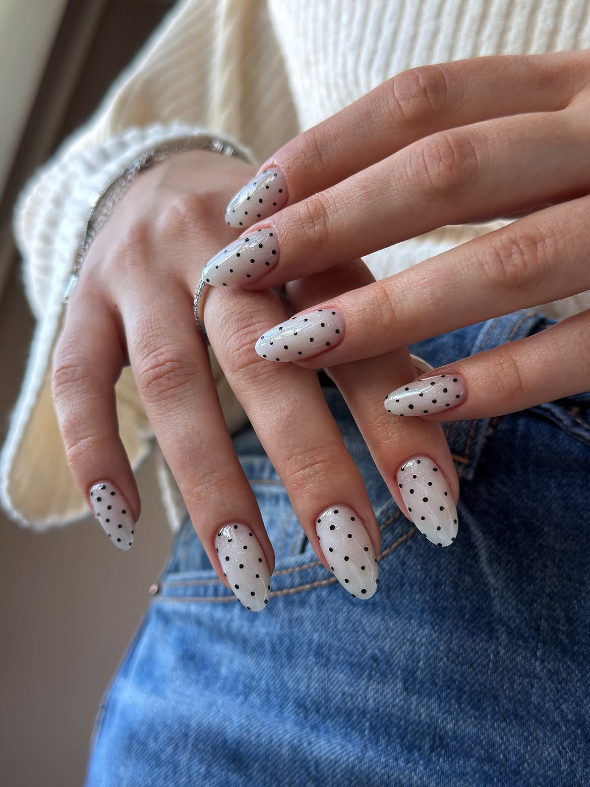 Classic Black Polka Dot Milky Almond Nails