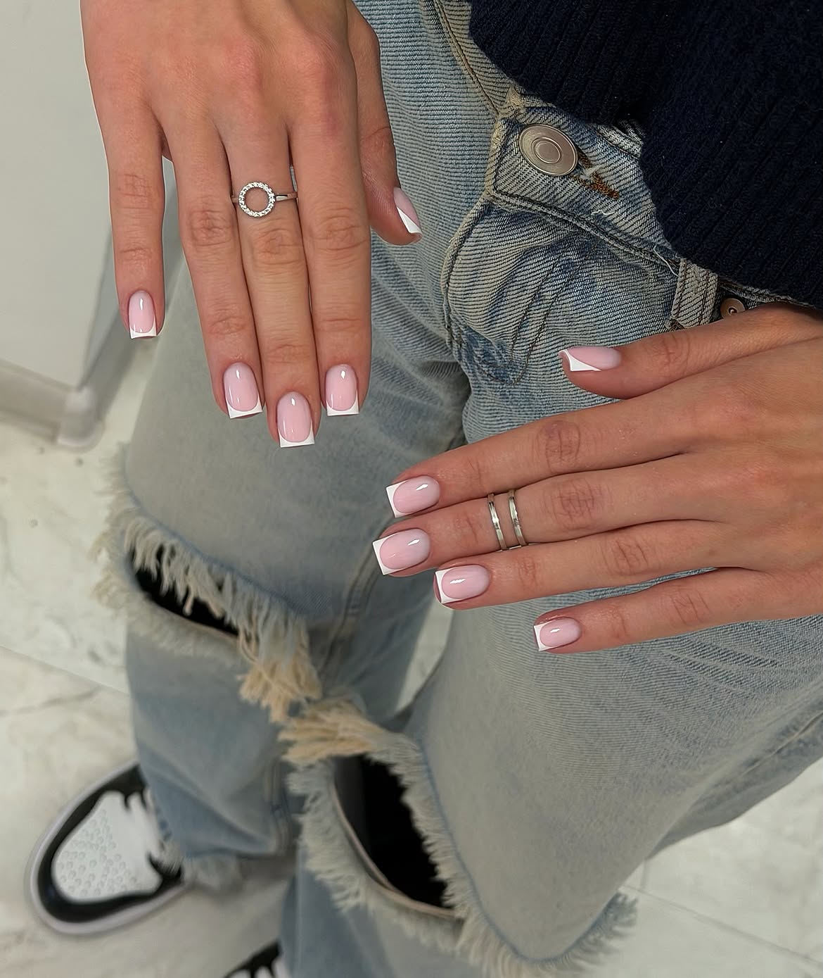 Classic French Tip Square Nails with Milky Pink Base