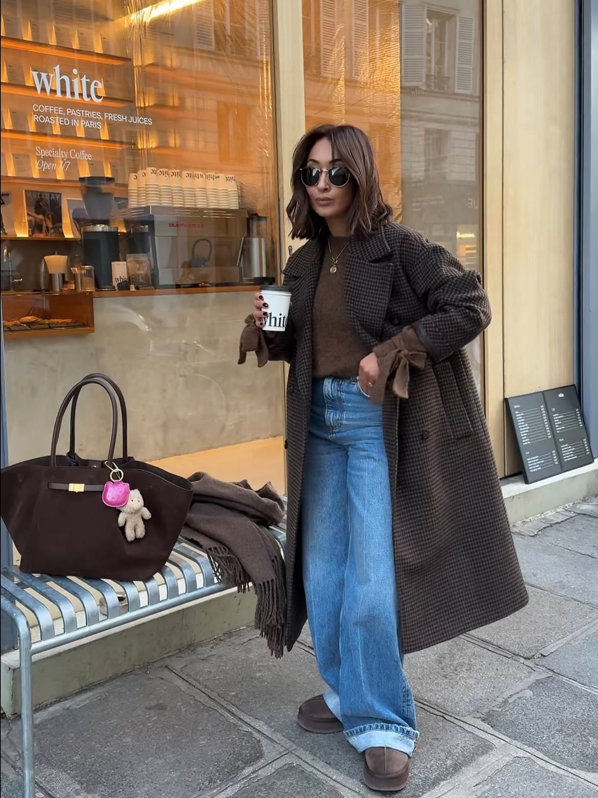 Classic Houndstooth Coat With Wide Leg Denim