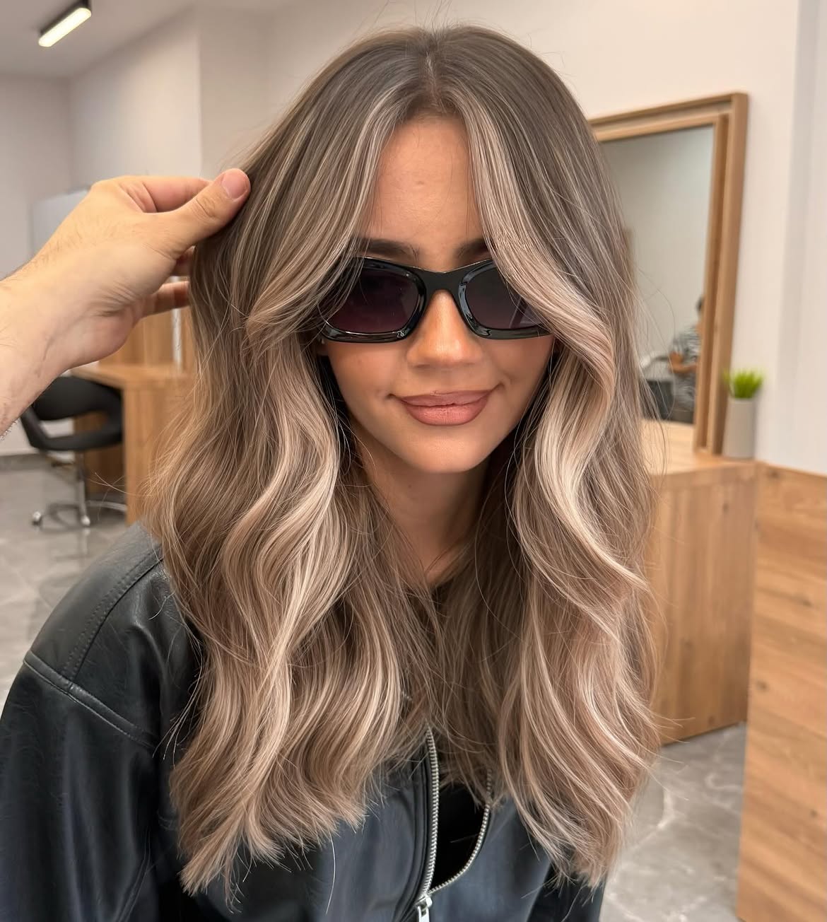 Cool Toned Mushroom Brown Balayage With Curtain Bangs