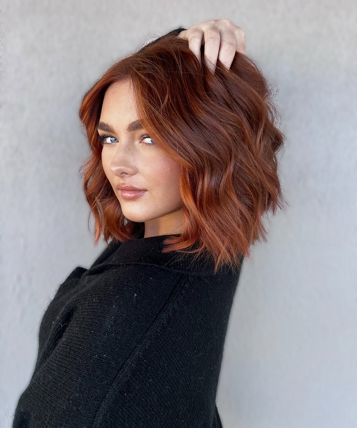 Copper Red Textured Lob With Face Framing Layers