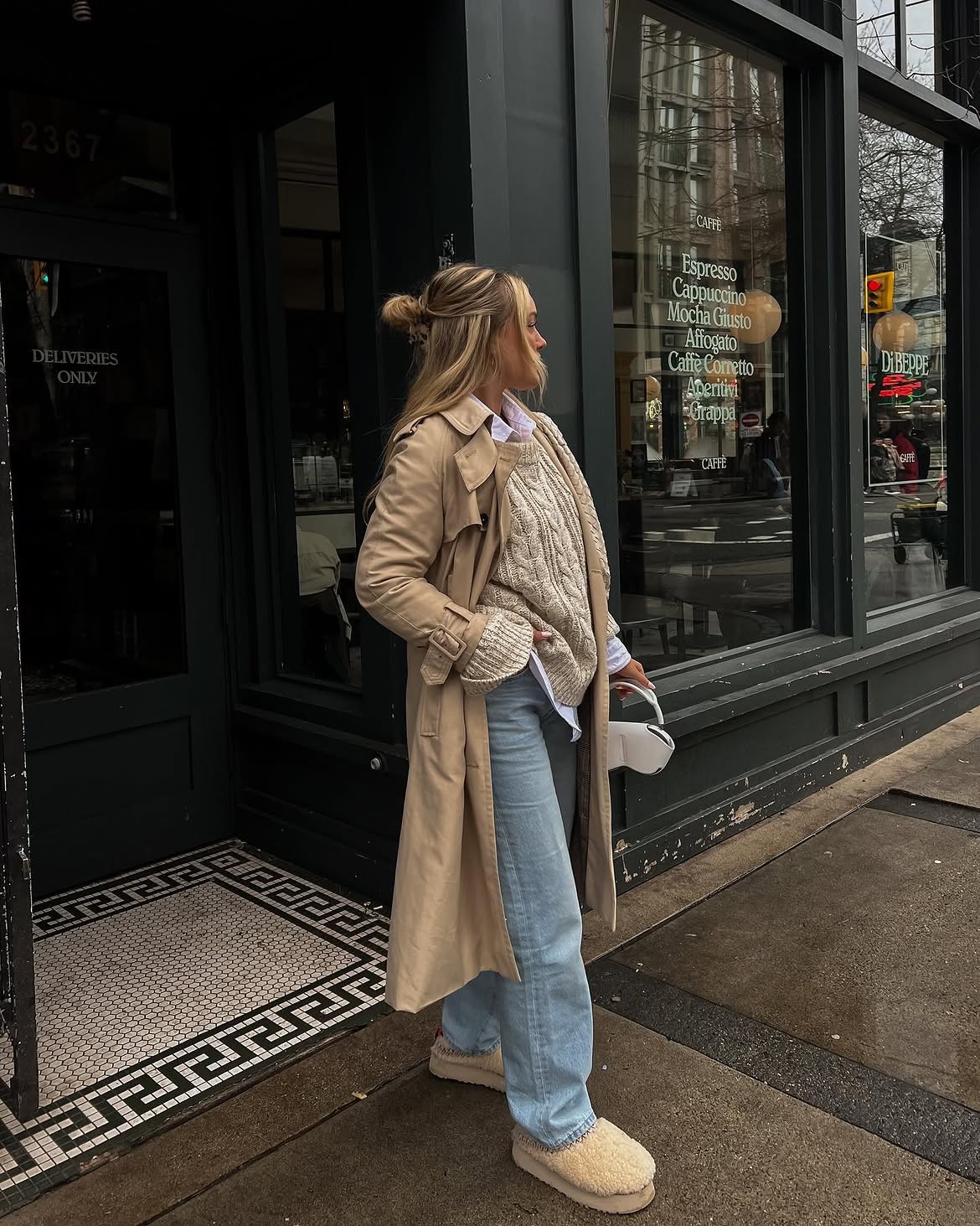 Cozy Beige Trench With Cable Knit And Uggs