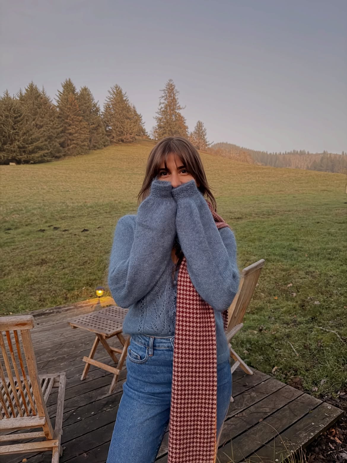 Cozy Blue Knit With Houndstooth Scarf