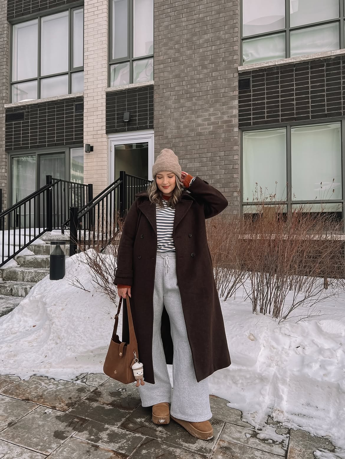 Cozy Brown Coat With Striped Top And Sweatpants