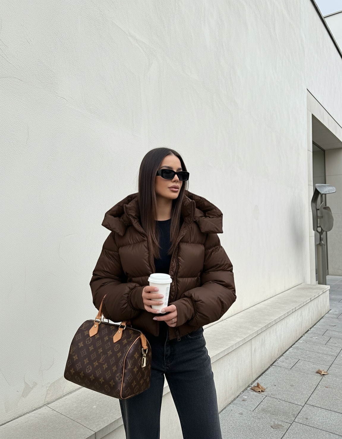 Cozy Brown Puffer With Dark Wash Denim