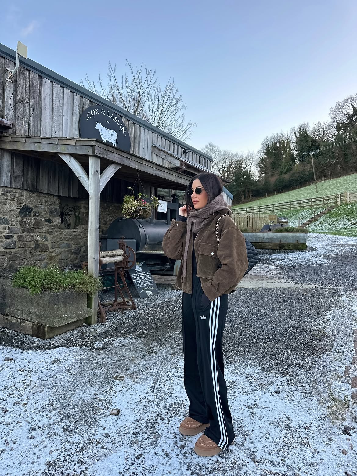 Cozy Brown Suede Jacket With Adidas Track Pants