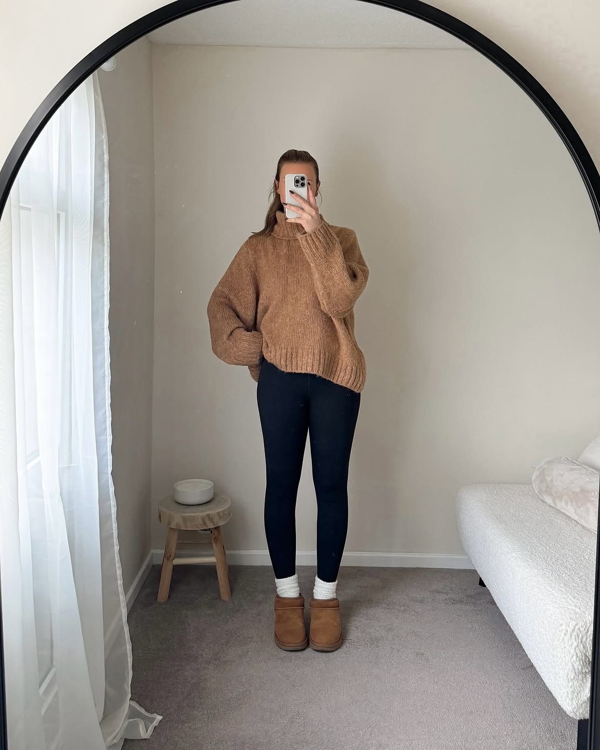 Cozy Brown Turtleneck And Leggings Winter Look