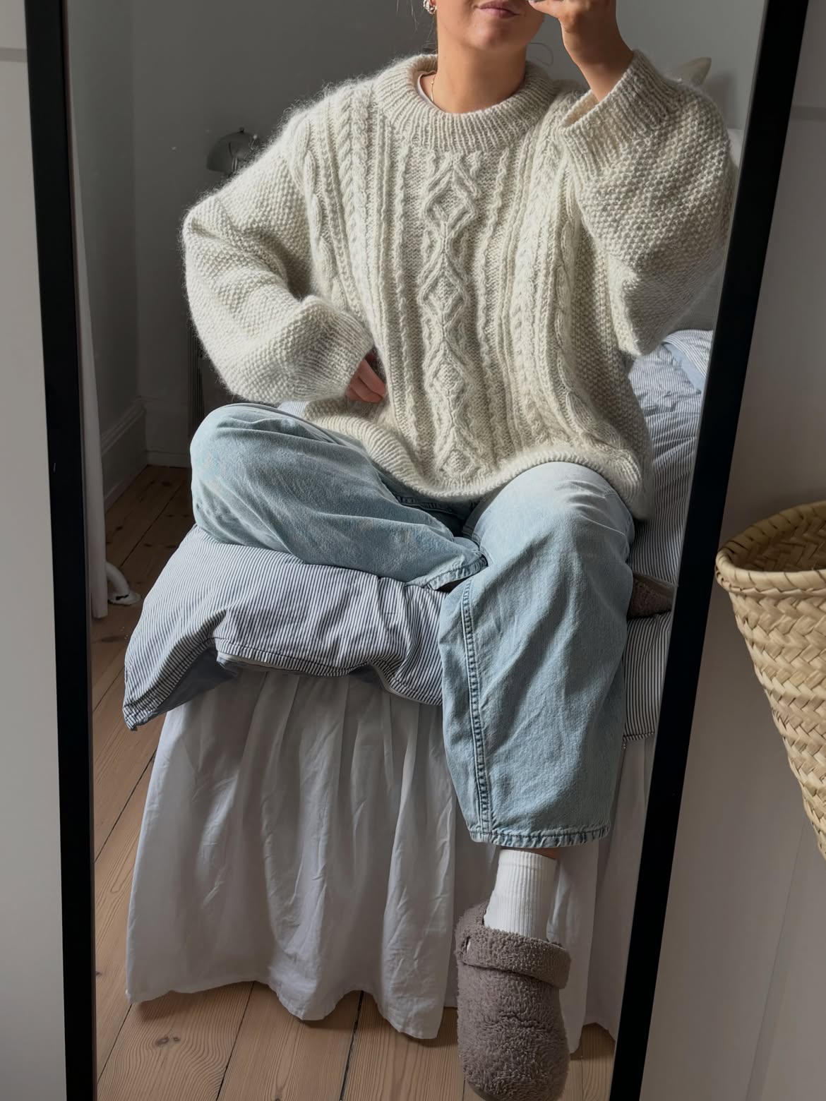 Cozy Cable Knit Sweater With Light Wash Denim