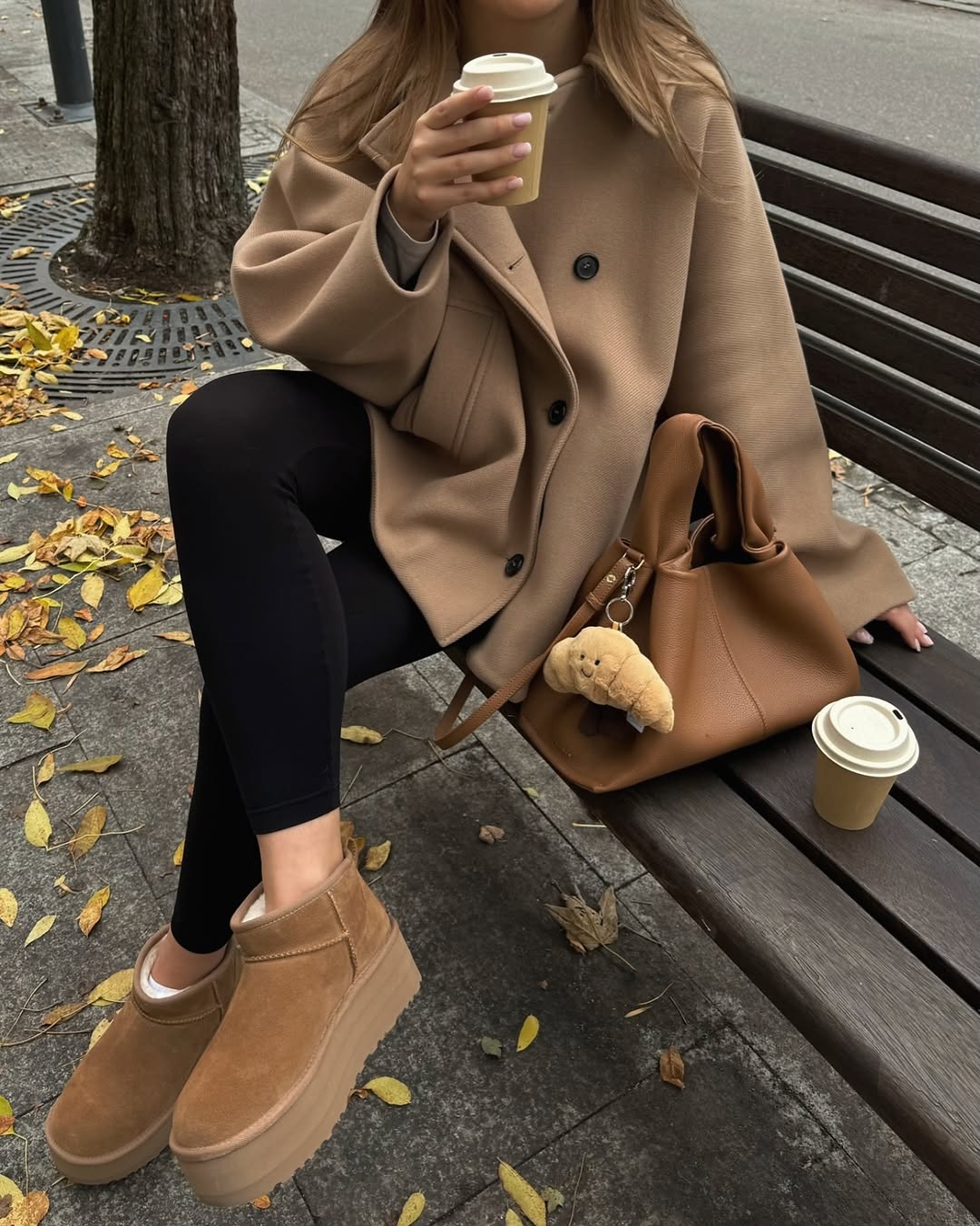 Cozy Camel Coat With Ugg Platform Boots