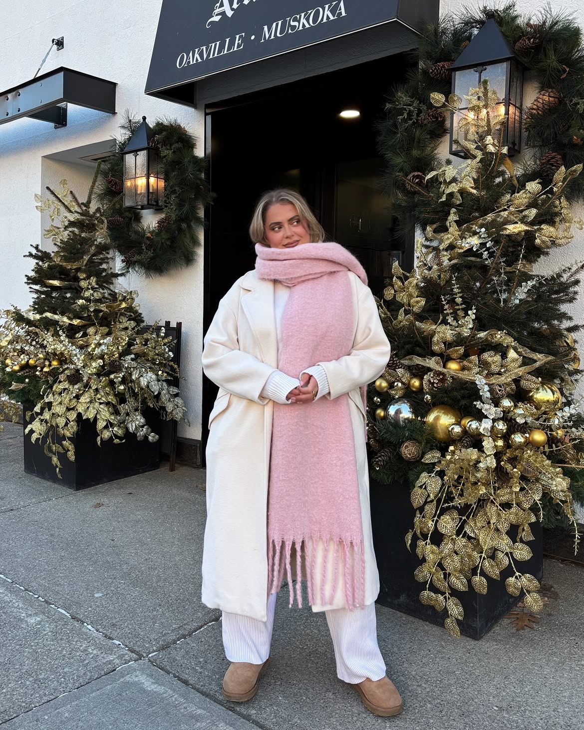 Cozy Cream Coat With Pink Scarf and Lounge Pants