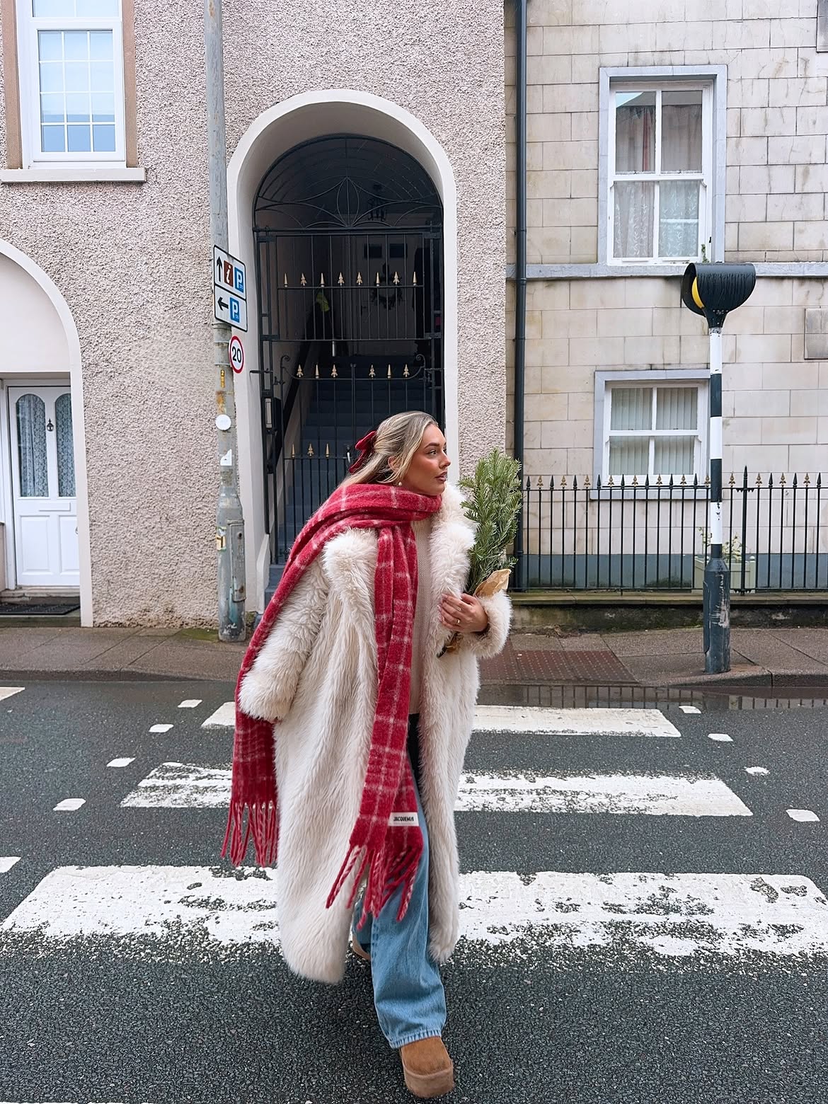 Cozy Cream Faux Fur Coat And Plaid Scarf Combo