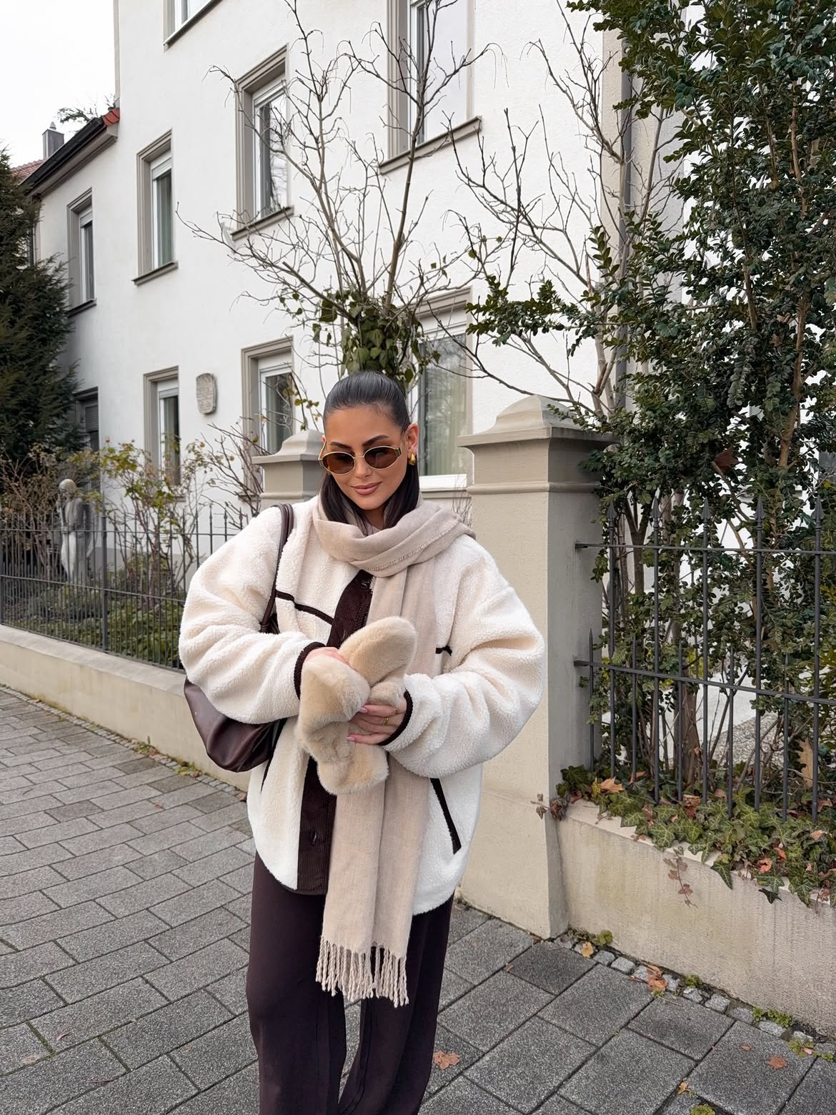 Cozy Cream Fleece Jacket And Dark Trousers Outfit