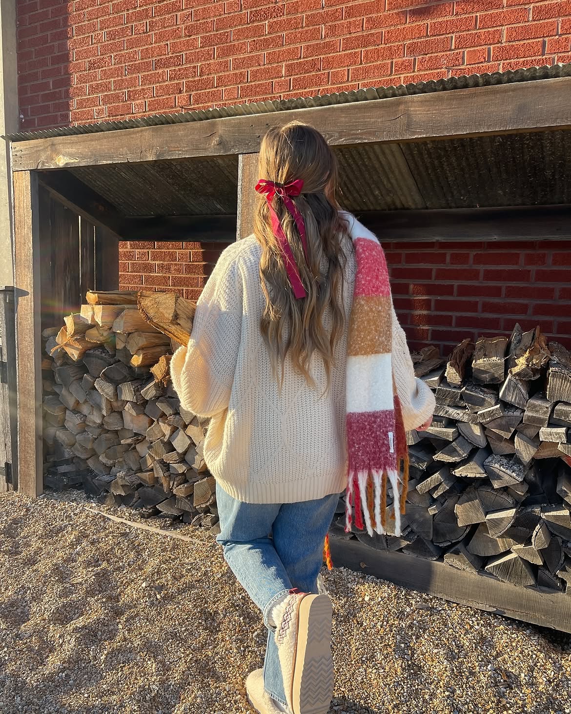 Cozy Cream Knit And Stripe Scarf Winter Look