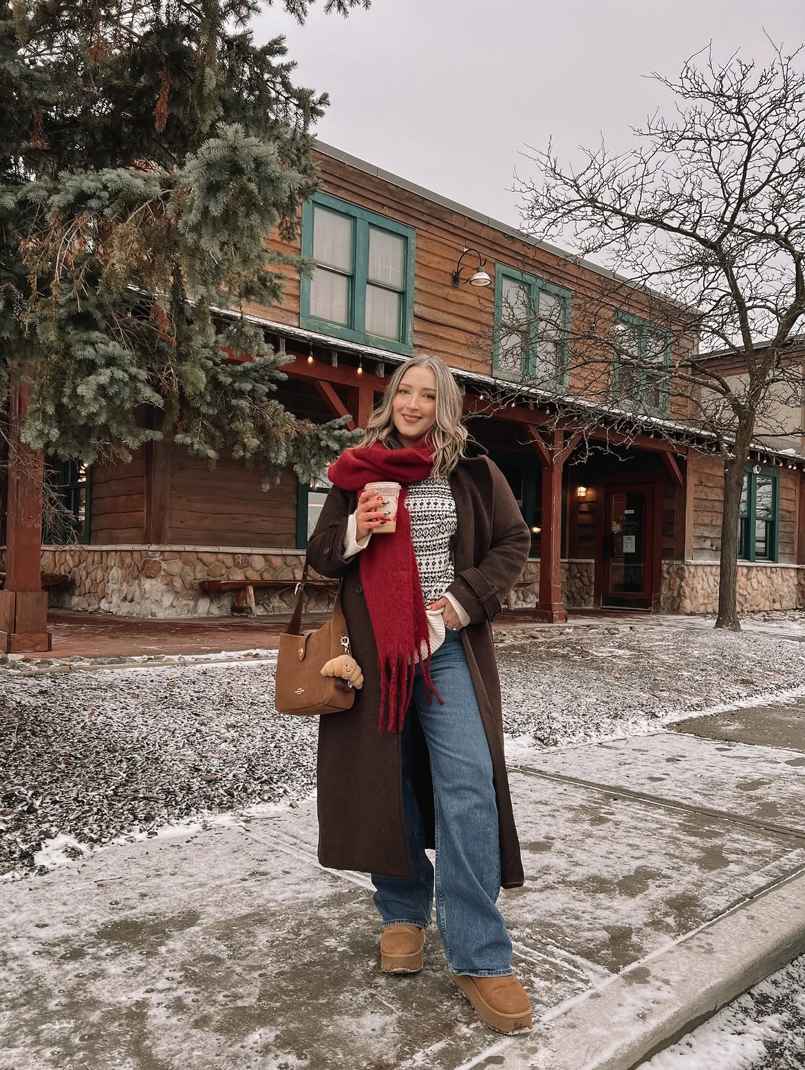Cozy Fair Isle Sweater and Brown Coat Winter Look