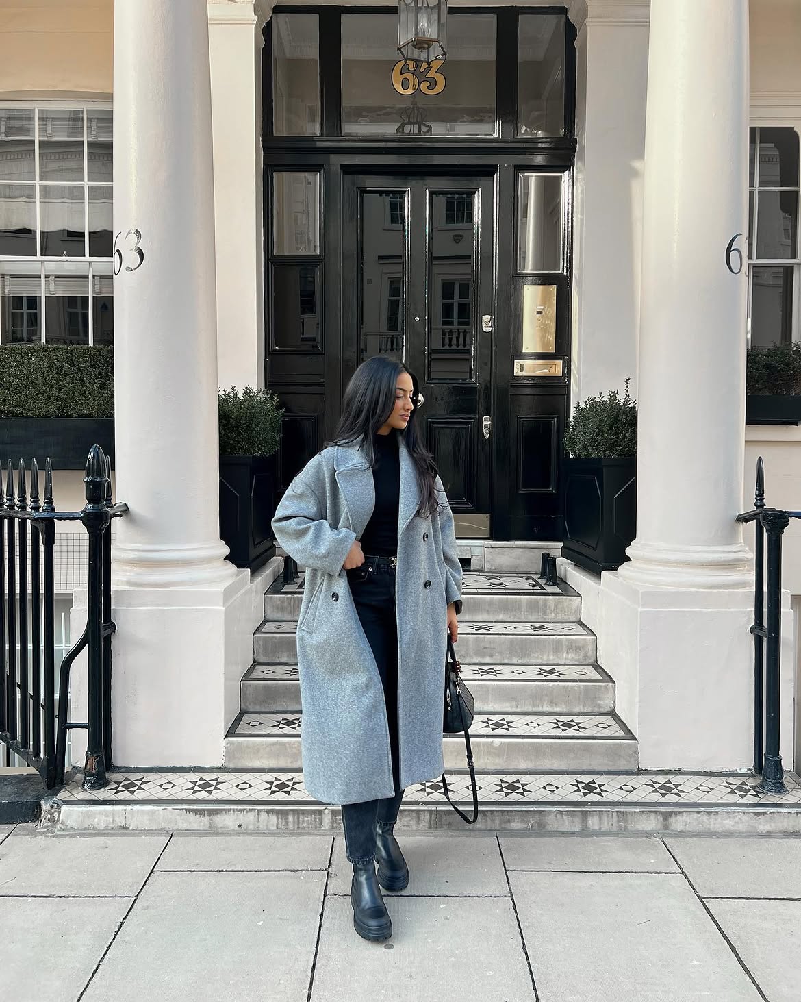 Cozy Grey Wool Coat Over Black Turtleneck and Jeans