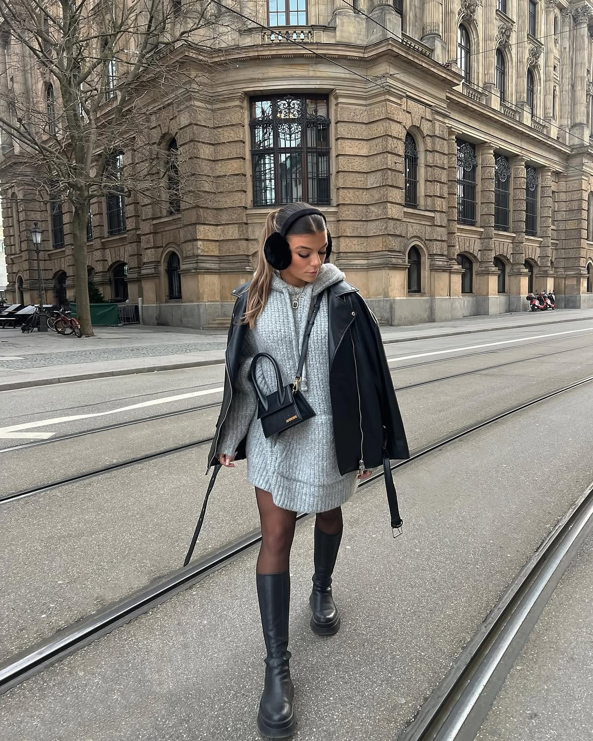 Cozy Knit Dress With Leather Jacket And Chunky Boots