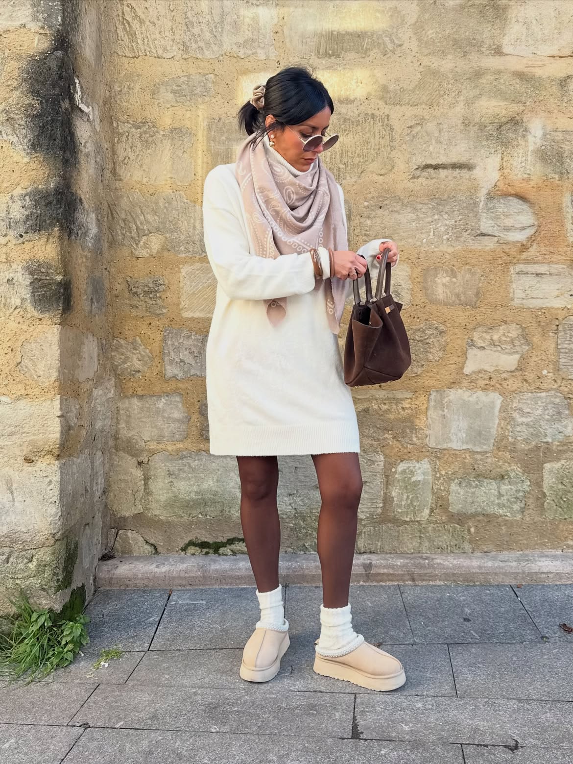 Cozy Knit Dress With Scarf And Clogs