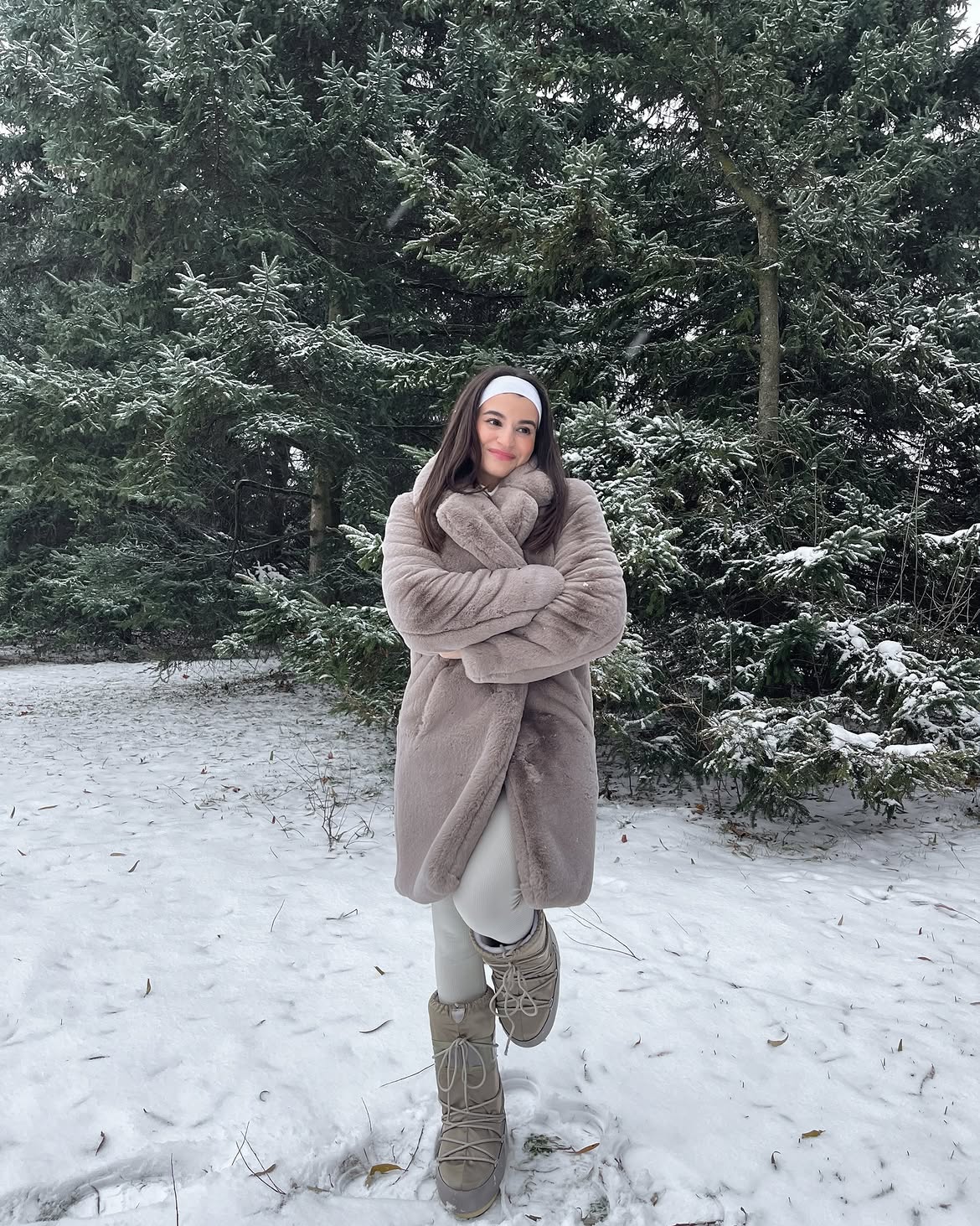 Cozy Neutral Faux Fur Coat With Winter Boots