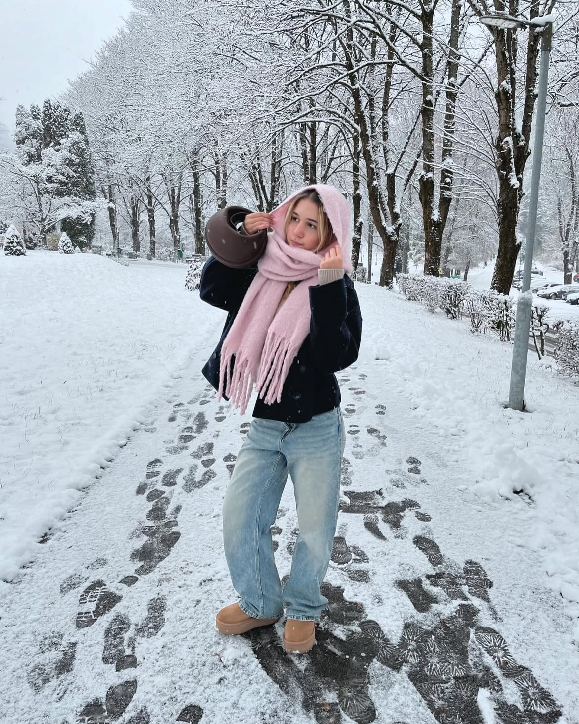 Cozy Pastel Pink Scarf And Light Wash Denim
