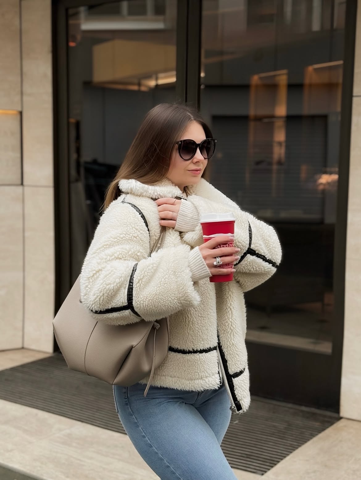 Cozy Shearling Jacket And Light Wash Jeans Combo