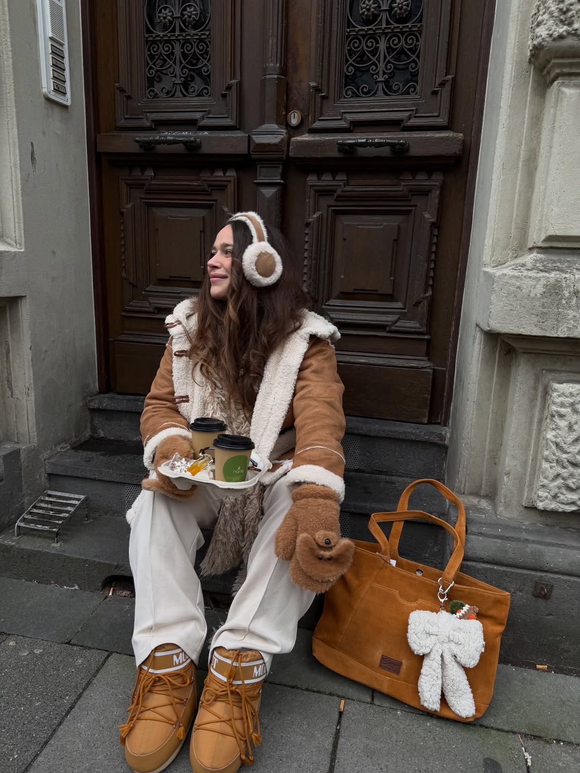 Cozy Shearling Jacket And Moon Boot Winter Ensemble