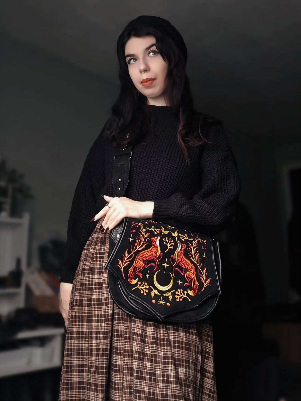 Cozy Tartan Skirt With Embroidered Fox Bag