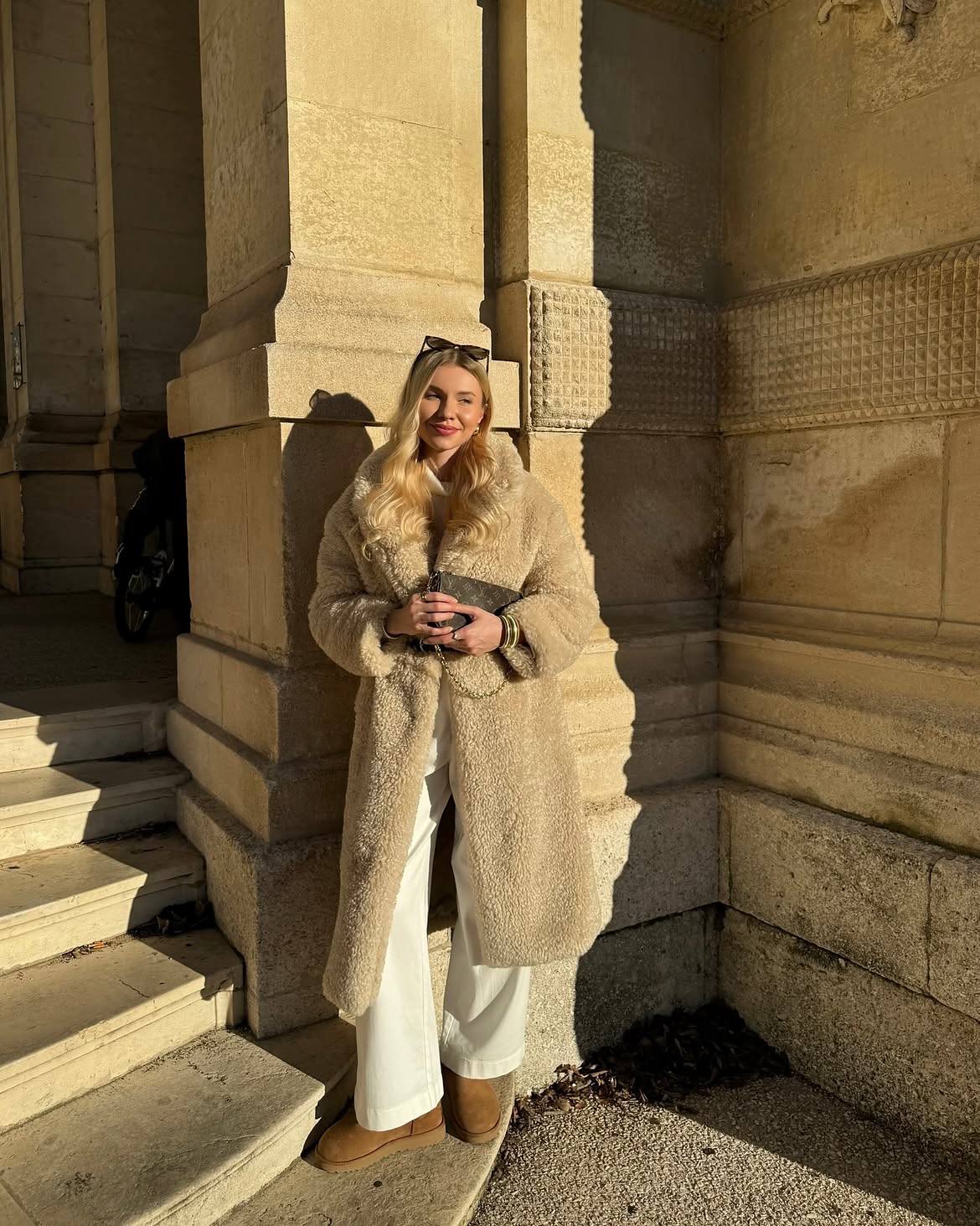 Cozy Teddy Coat With White Wide-Leg Pants