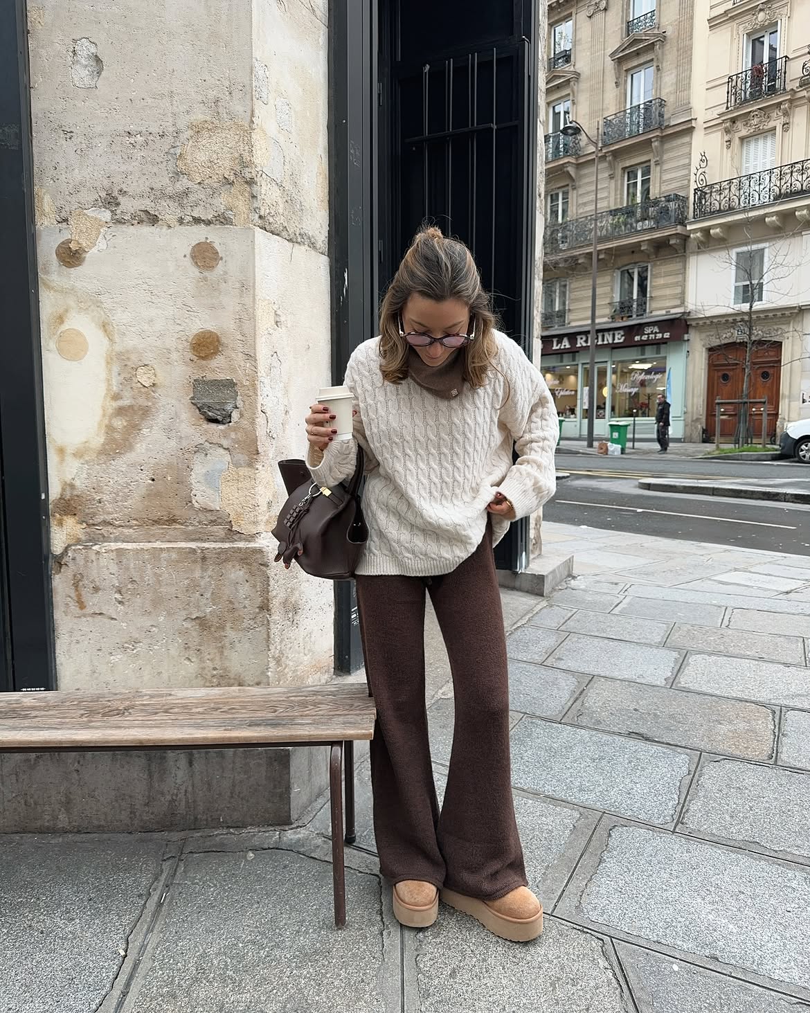 Cream Cable Knit With Brown Wide Leg Knit Pants