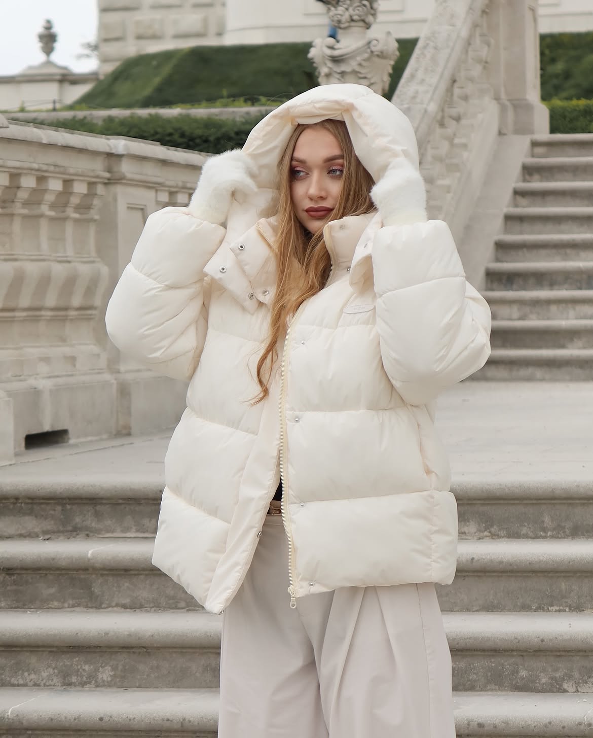 Cream Puffer Coat With Matching Trousers