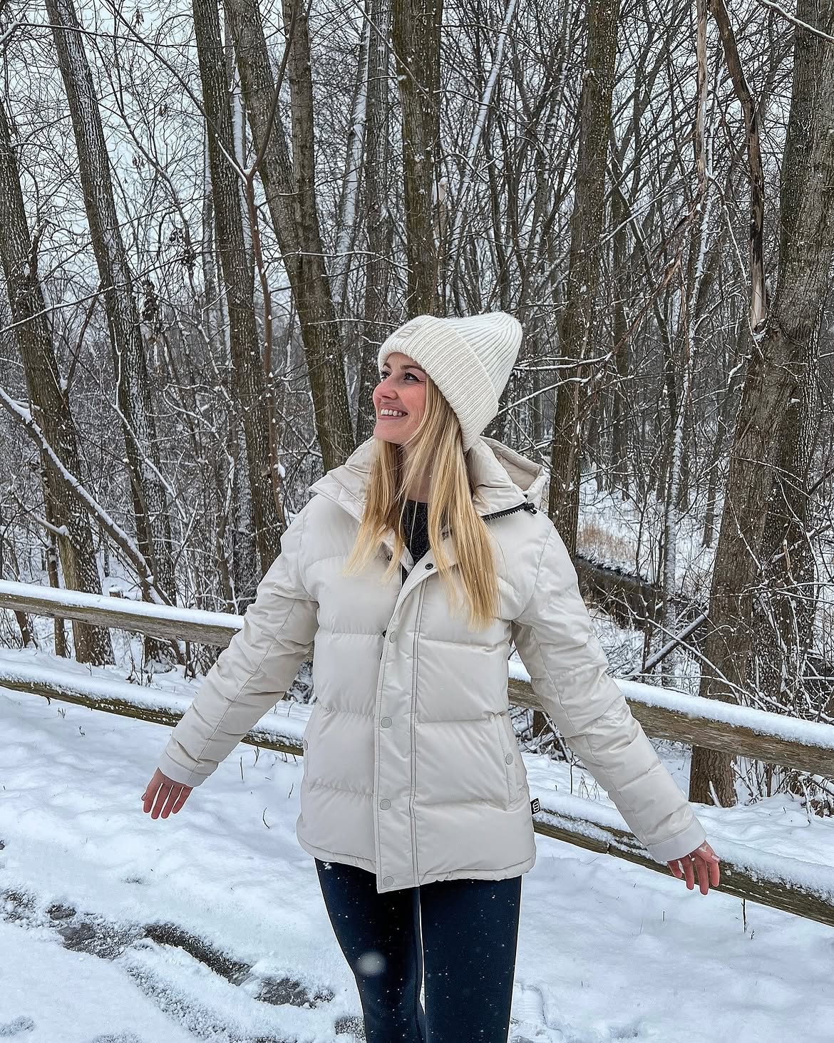 Cream Puffer Jacket And White Beanie Snow Day Look