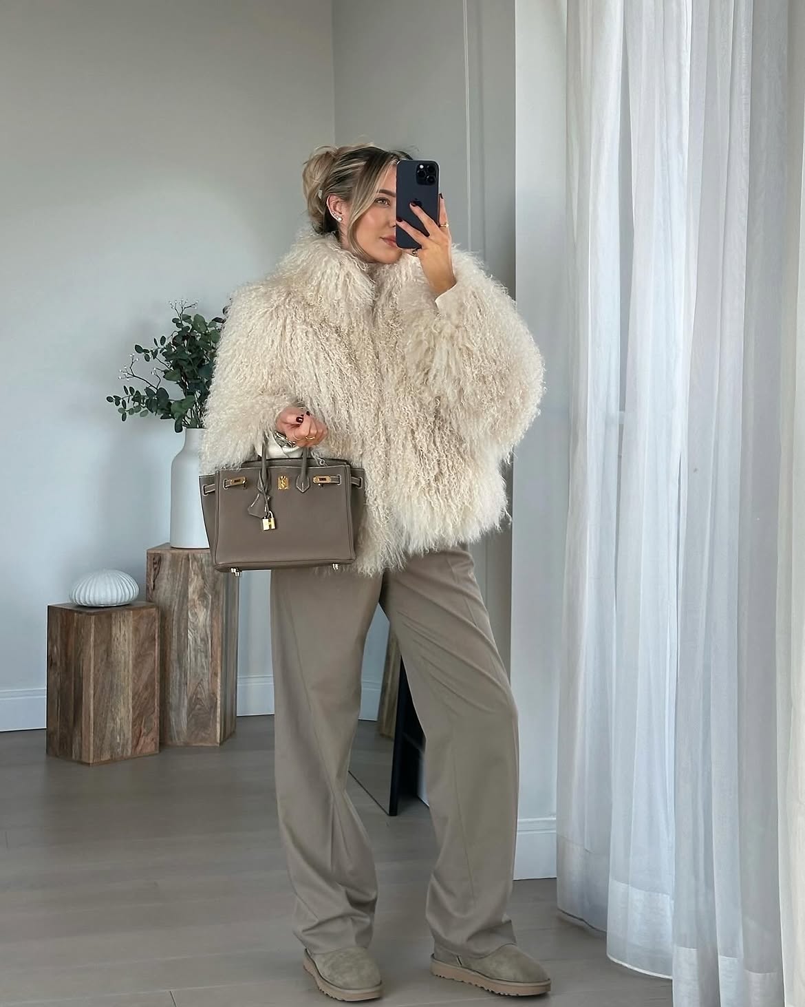 Cream Shaggy Coat With Taupe Wide Leg Trousers