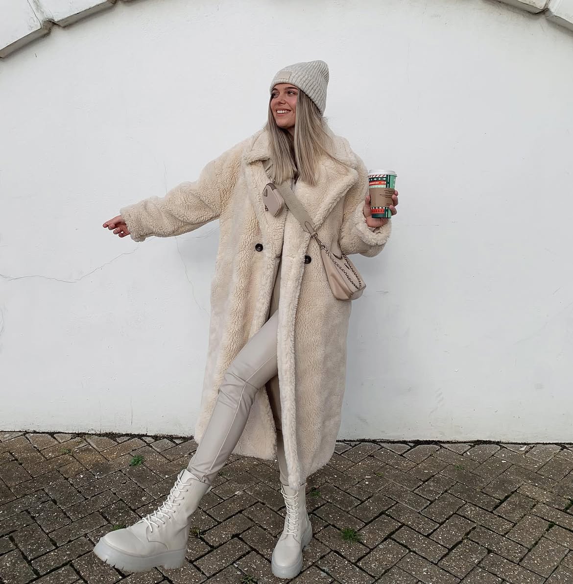 Cream Teddy Coat With Leather Leggings Look