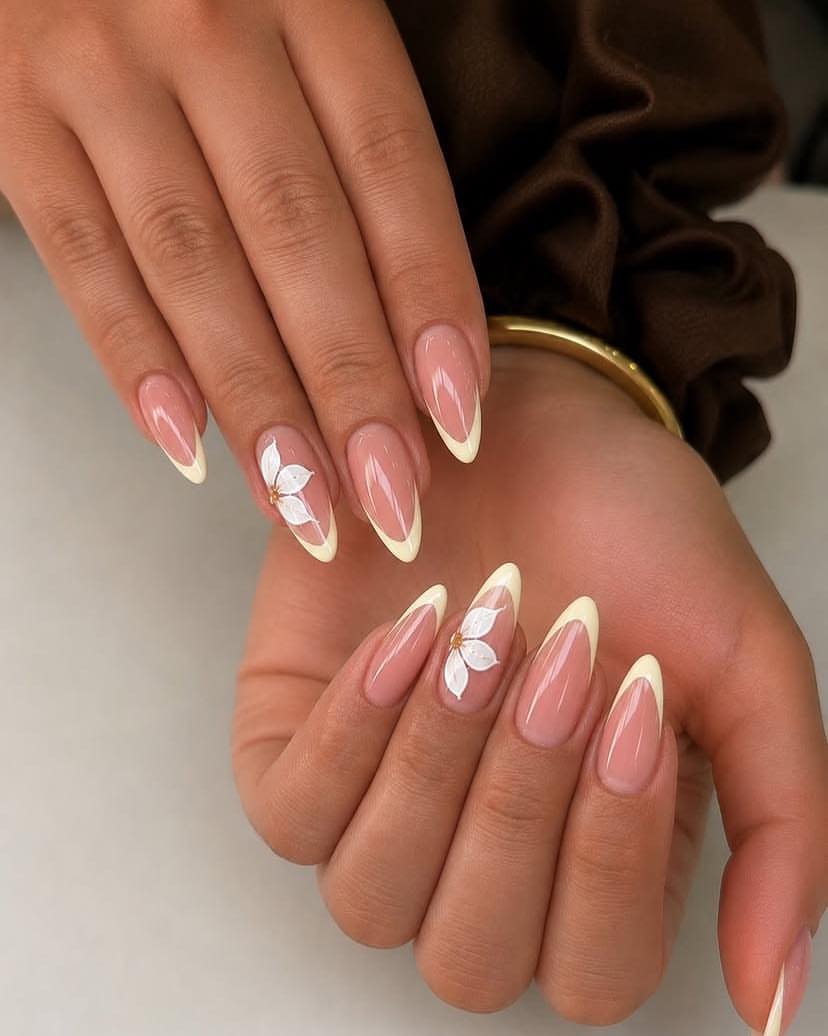 Creamy French Tips With Delicate Floral Accent