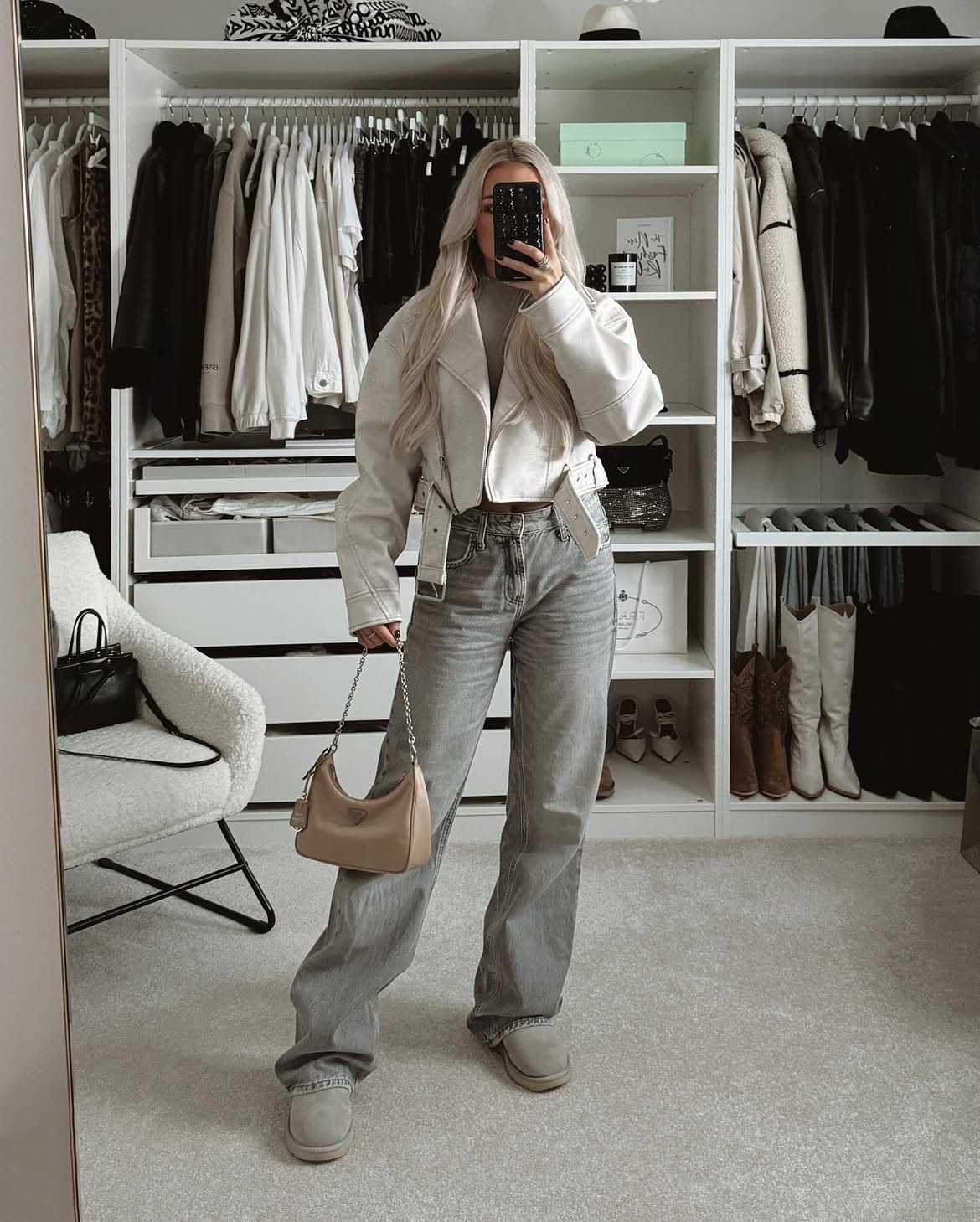 Cropped Moto Jacket With Relaxed Grey Denim