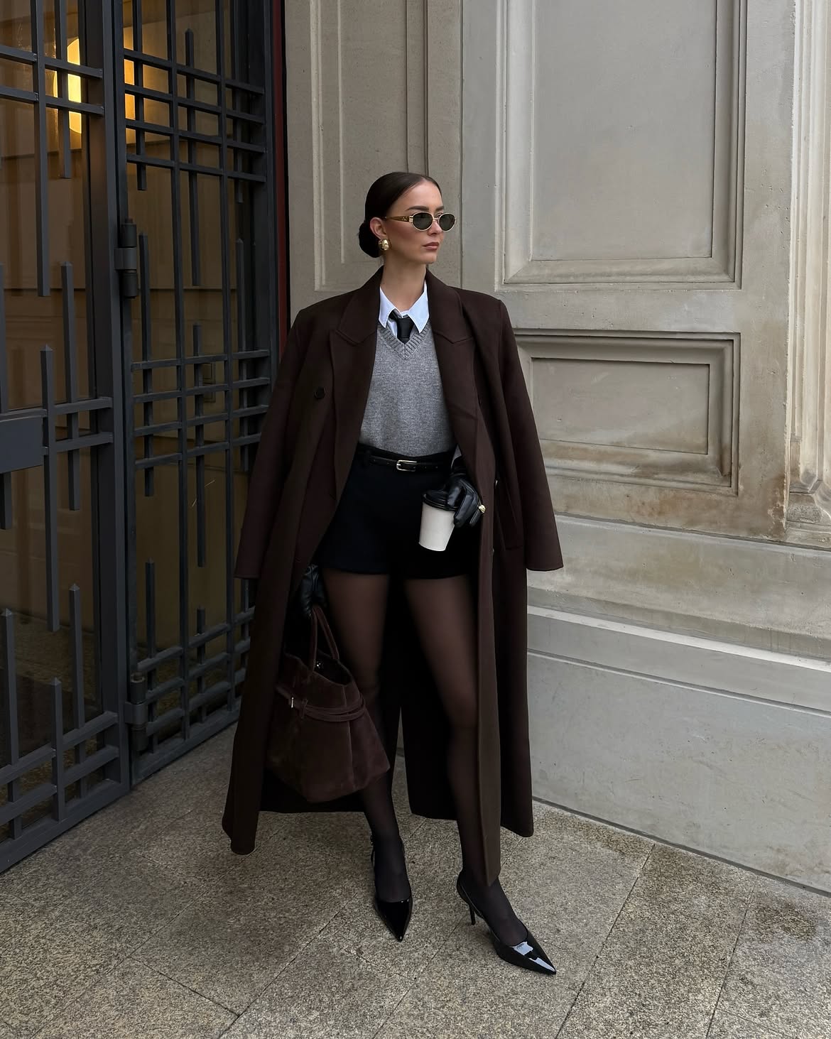 Dark Brown Coat With Shorts And Tie