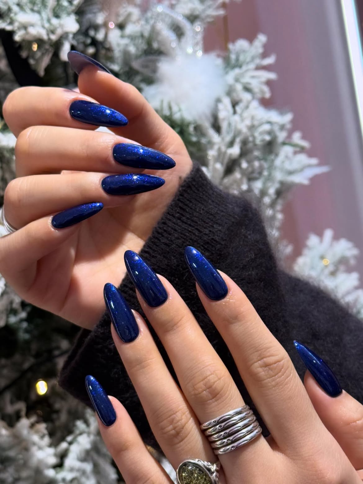 Deep Blue Sparkle Stiletto Nails