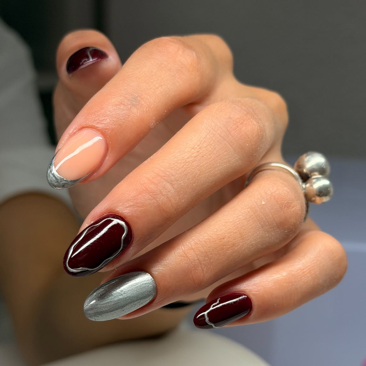 Deep Burgundy and Silver Abstract French Tips