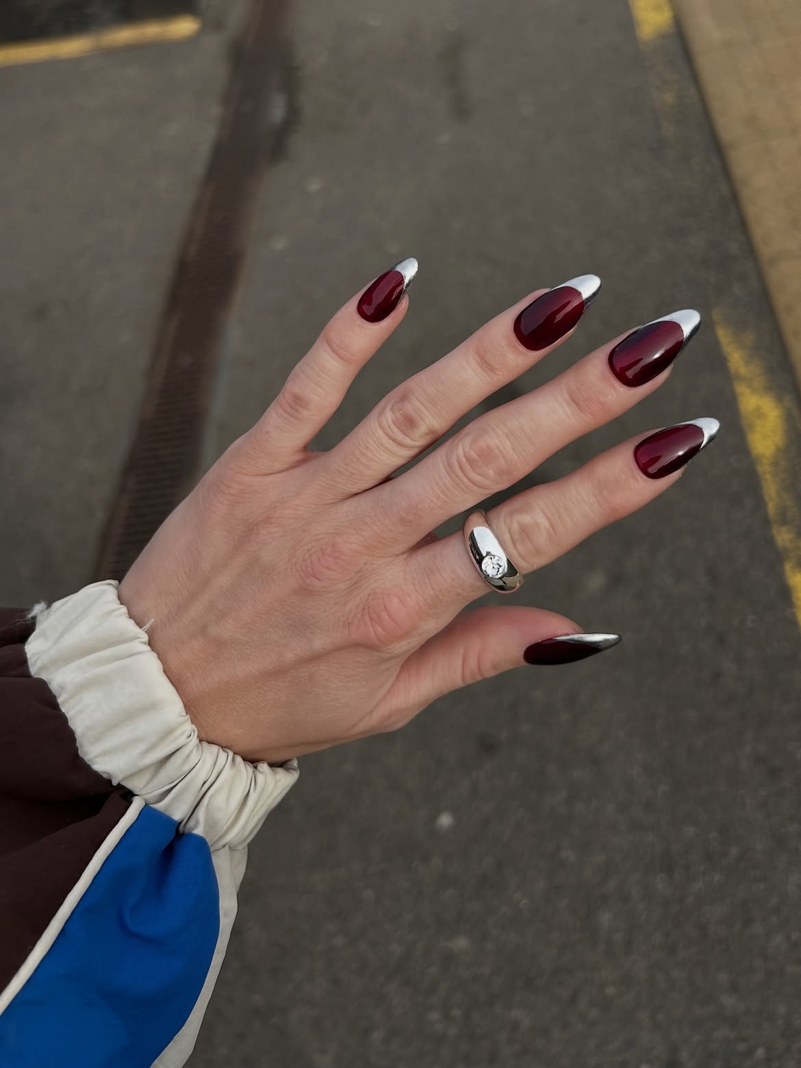 Deep Burgundy and Silver French Tip Nails