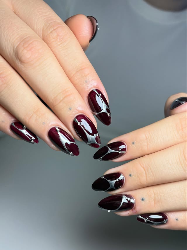Deep Burgundy Chrome Swirl Almond Nails