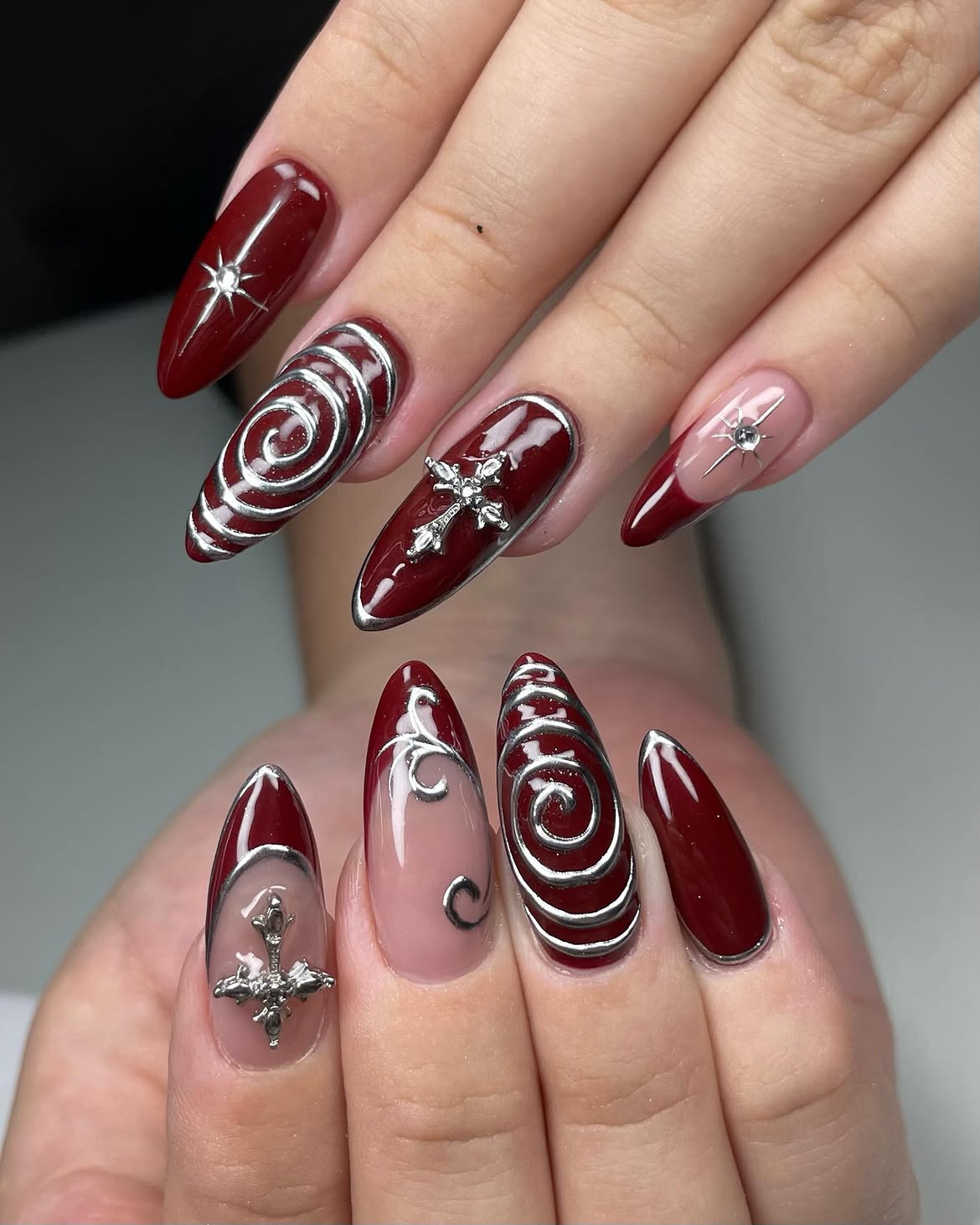 Deep Burgundy Chrome Swirl and Cross Nails