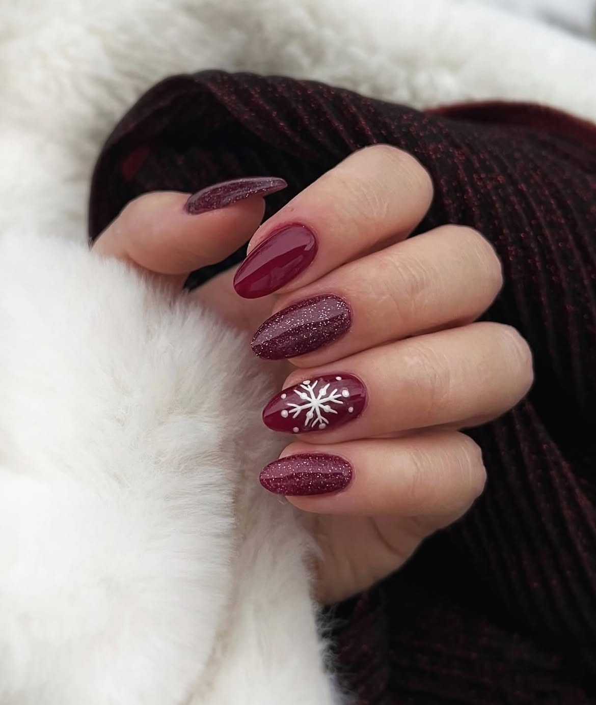 Deep Burgundy Glitter Snowflake Almond Nails