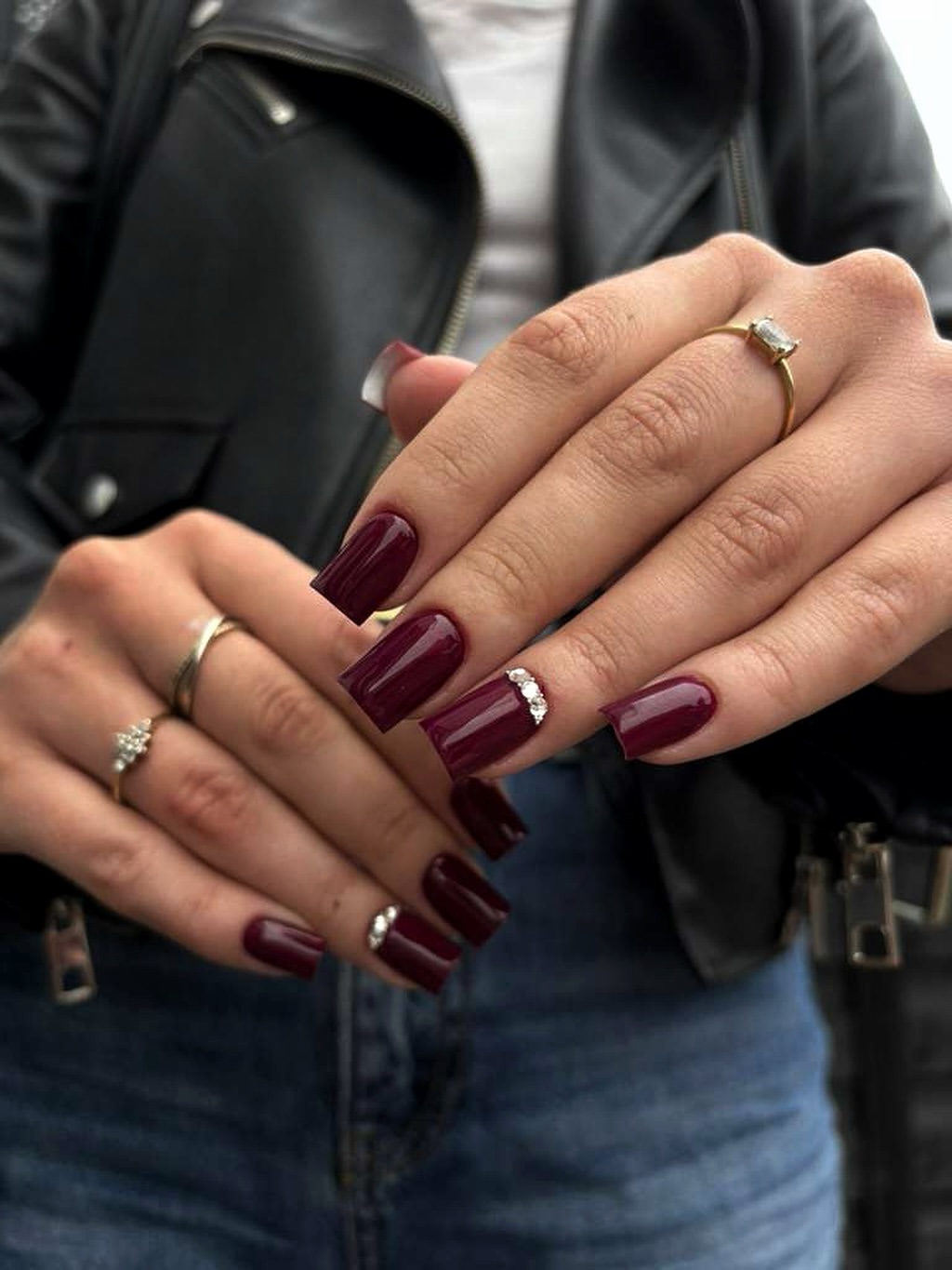 Deep Burgundy Square Nails with Crystal Accents