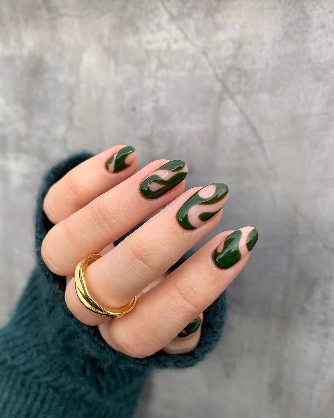 Deep Forest Green Swirl Almond Nails