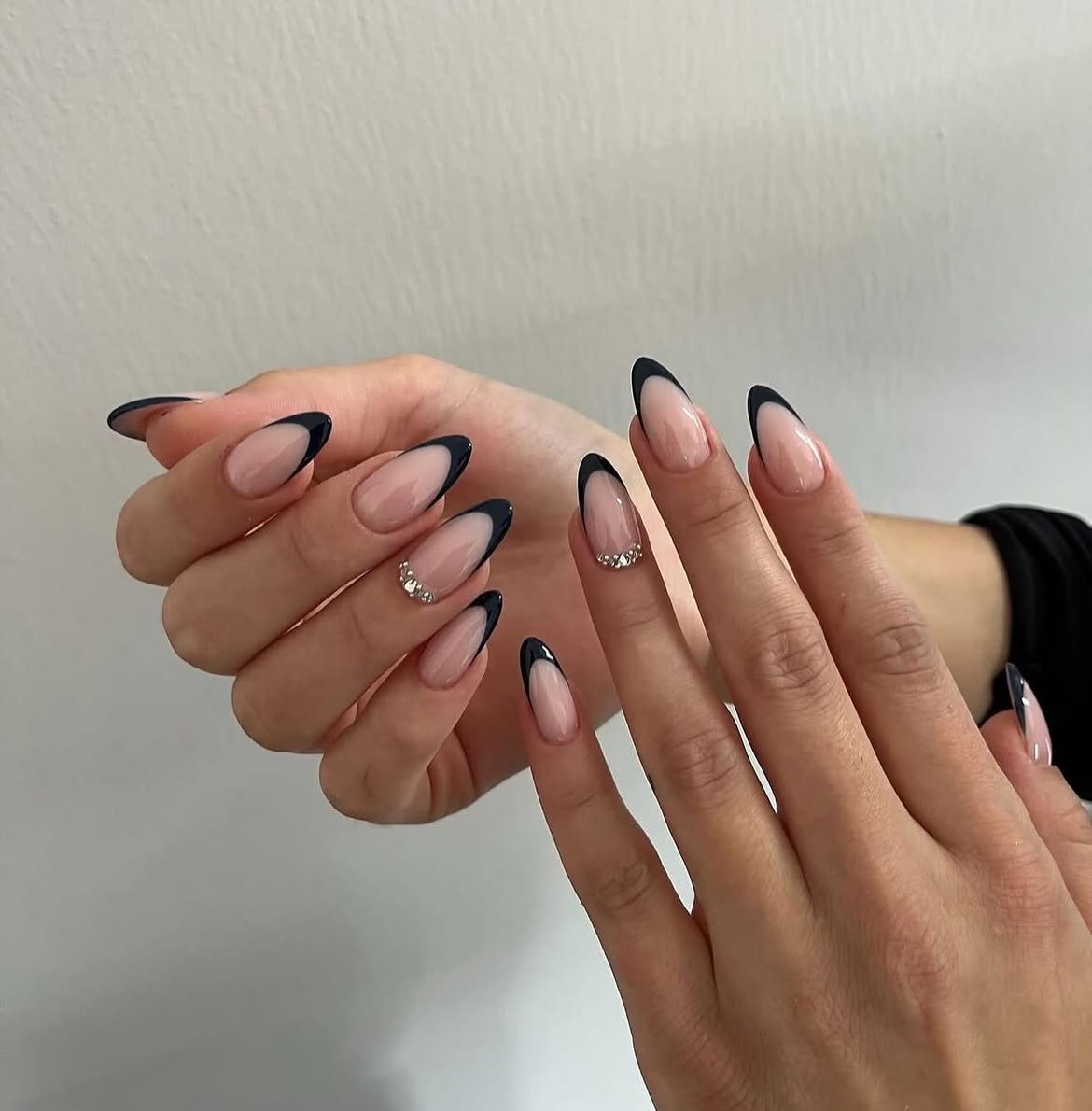 Deep French Tips With Rhinestone Accents