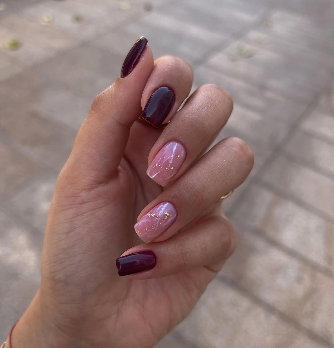 Deep Plum and Rose Gold Marble Swirl Nails