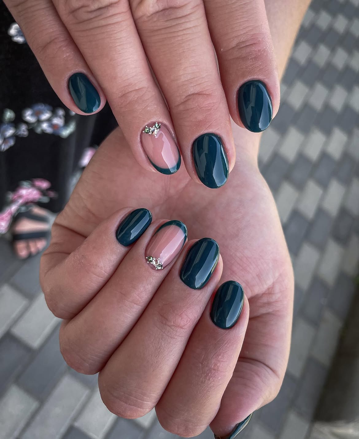 Deep Teal French Tip with Gem Accent