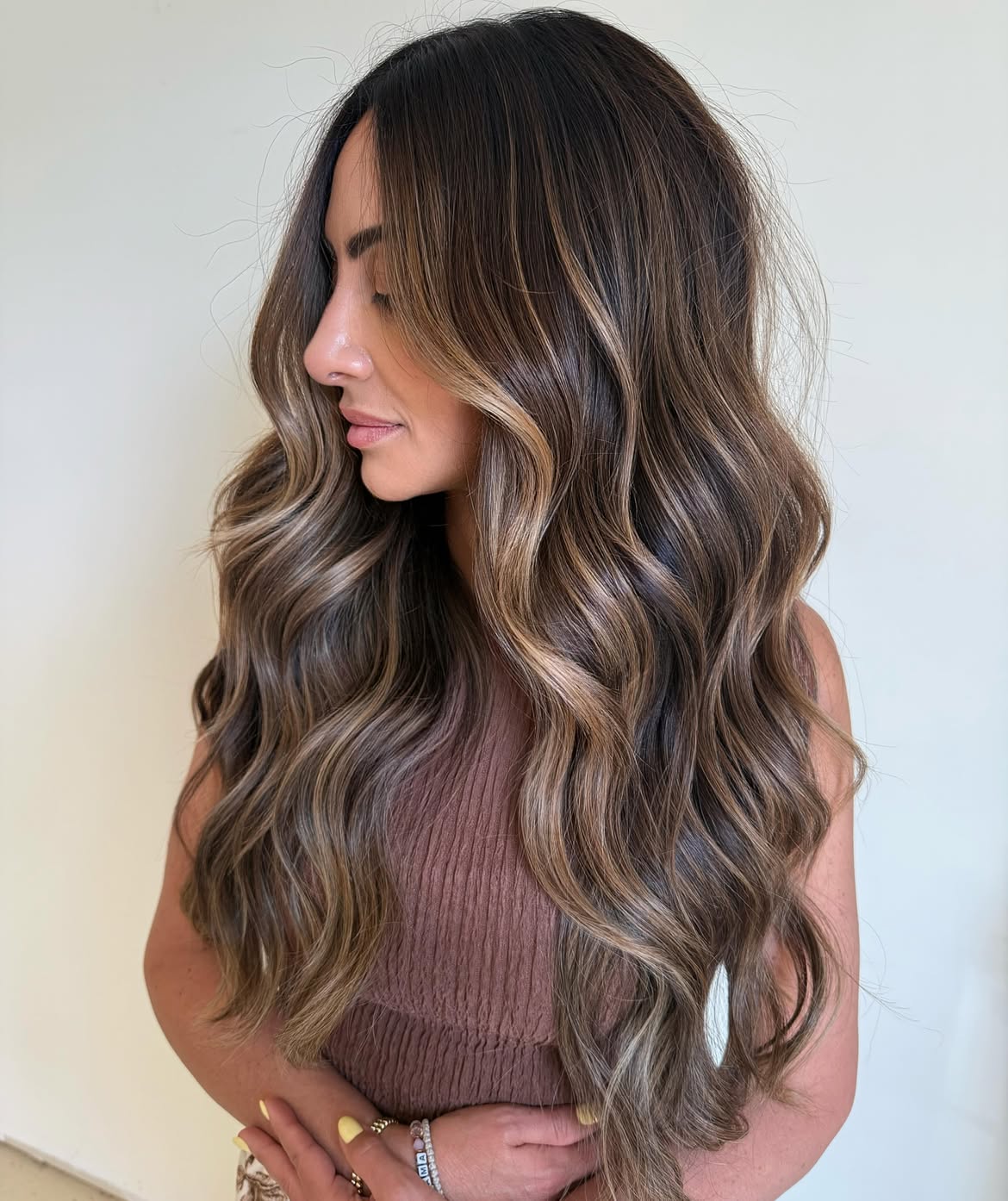 Dimensional Caramel Balayage On Long Wavy Layers